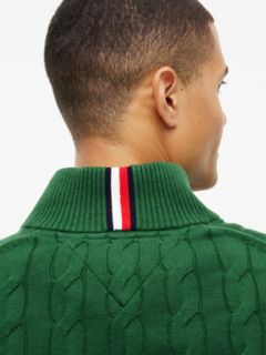 Cable Knit Striped Quarter-Zip Sweater — Deep Evergreen 3