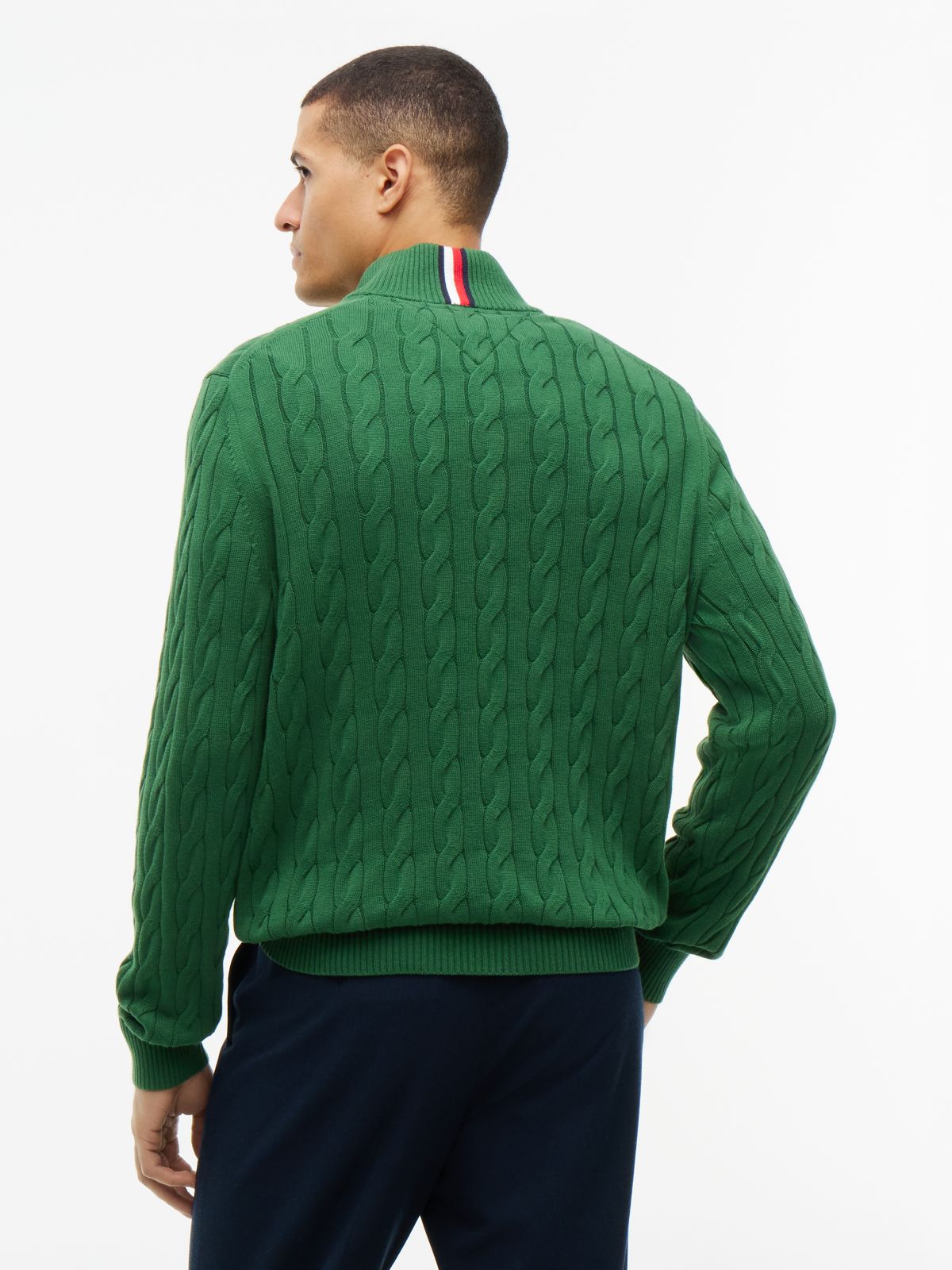 Cable Knit Striped Quarter-Zip Sweater — Deep Evergreen