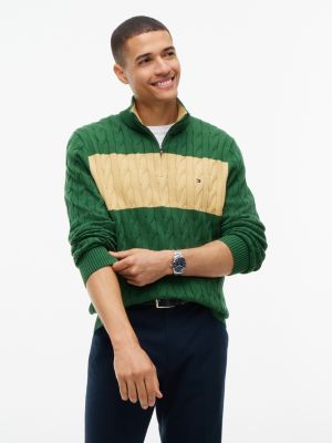 Cable Knit Striped Quarter-Zip Sweater, Deep Evergreen