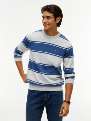 Rugby Stripe Crewneck Sweater, Grey Blue