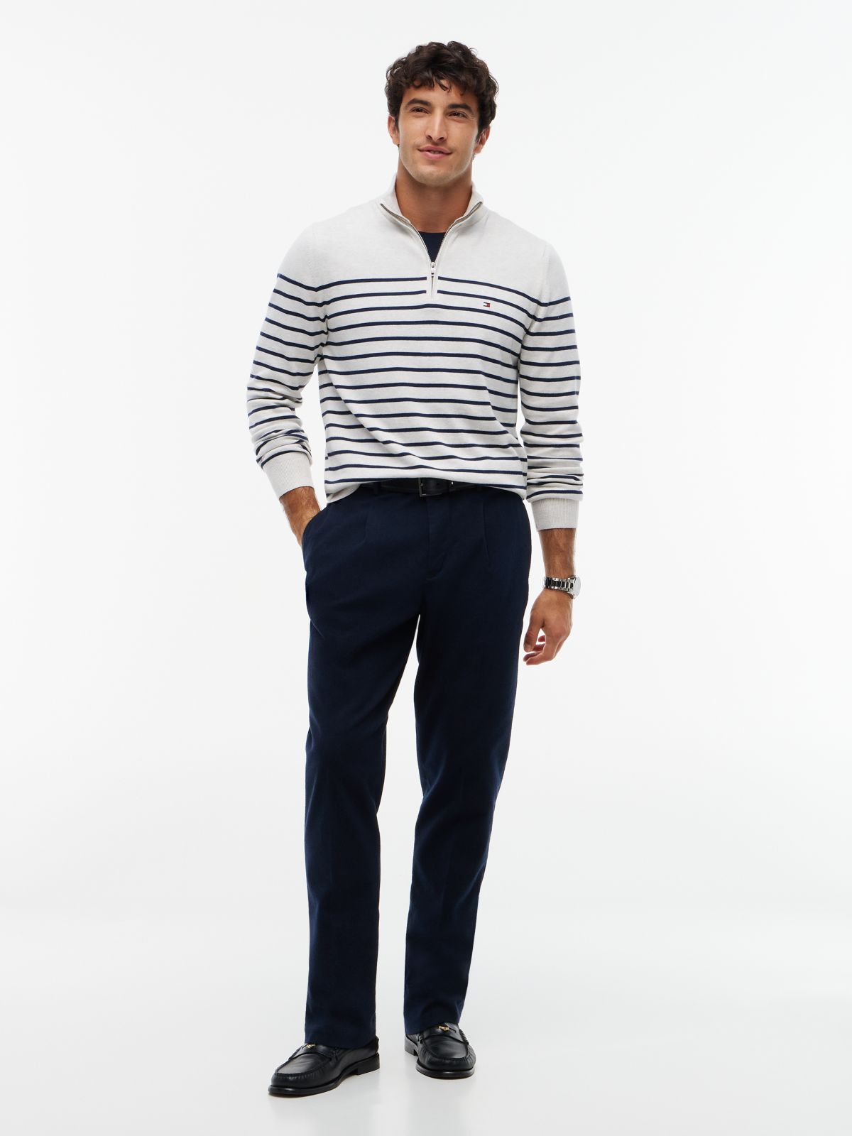 Striped Quarter-Zip Sweater — White/Navy Stripe