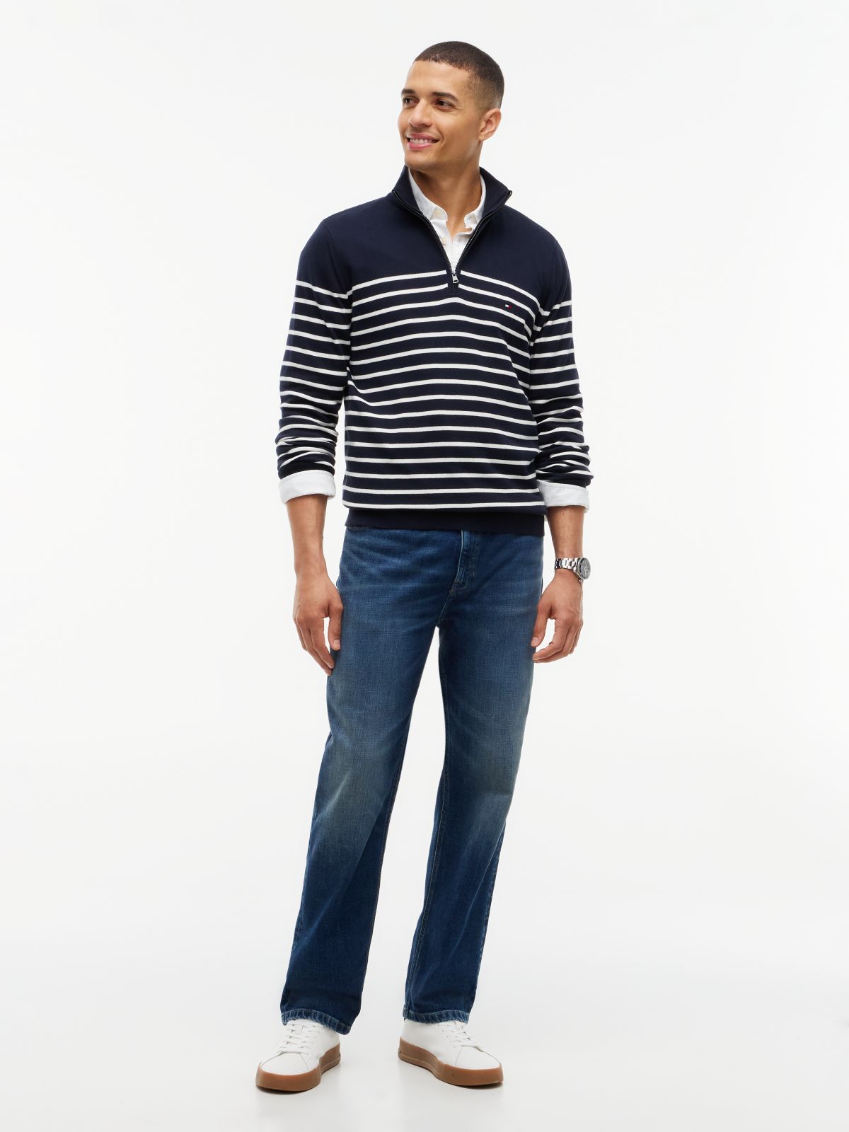 Striped Quarter-Zip Sweater — Navy/White Stripe