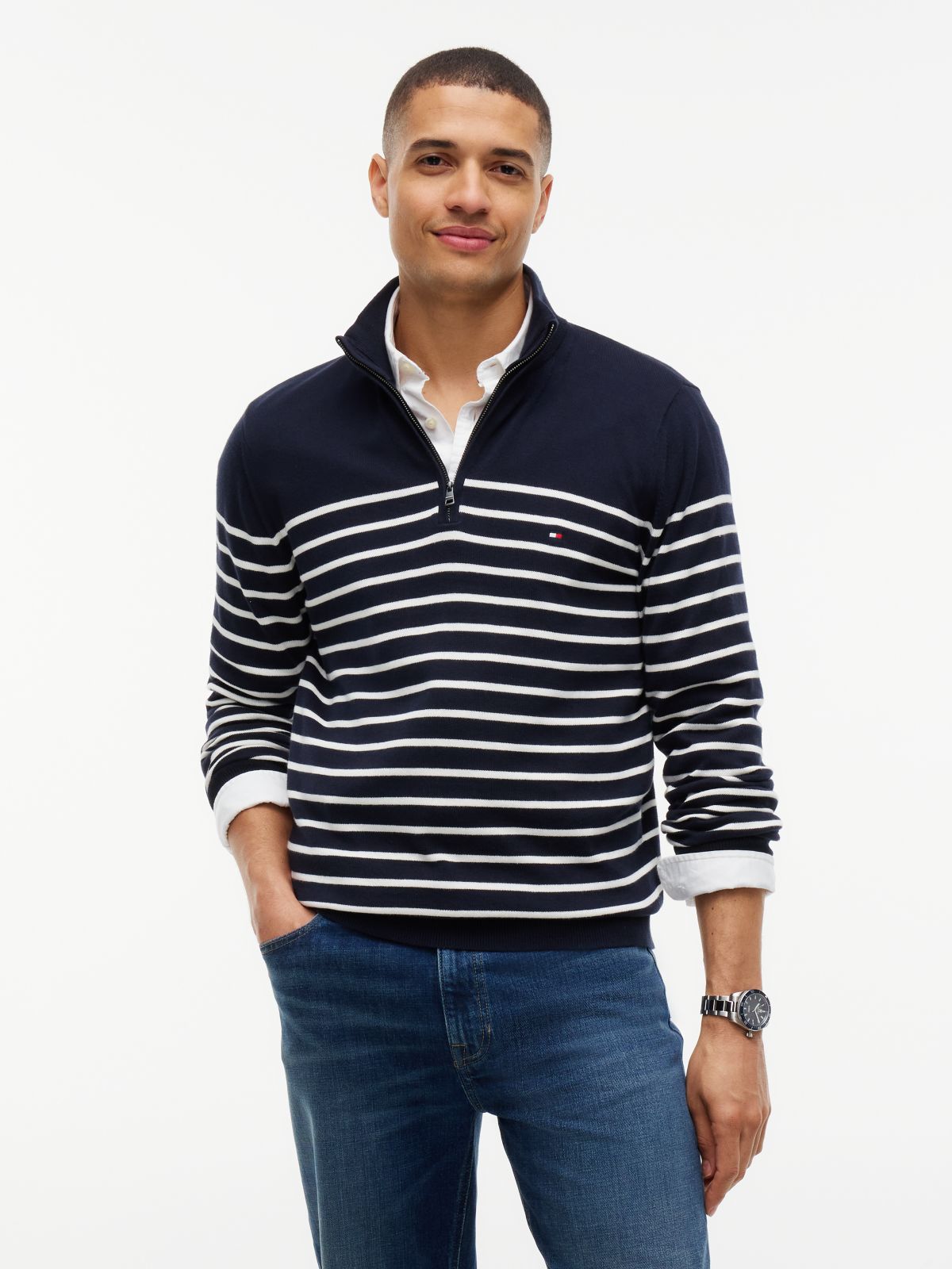 Striped Quarter-Zip Sweater — Navy/White Stripe