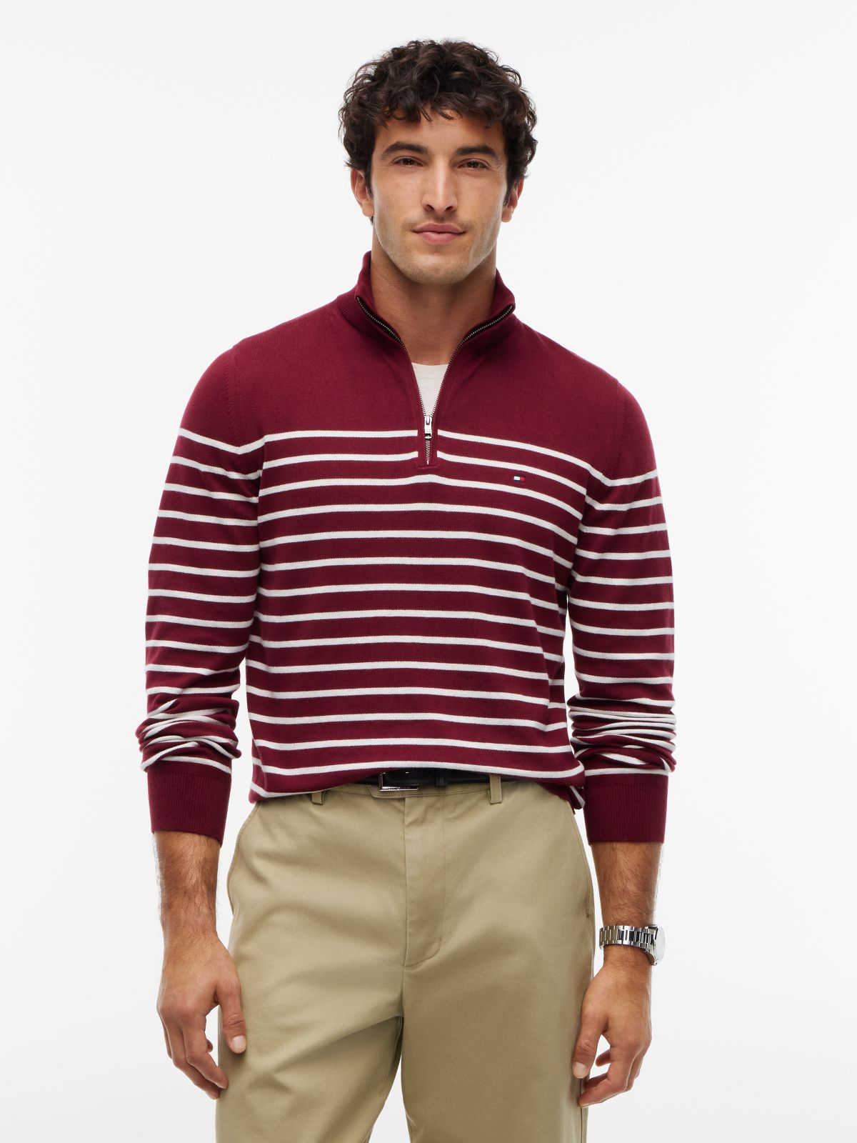 Striped Quarter-Zip Sweater — Burgundy / White Stripe