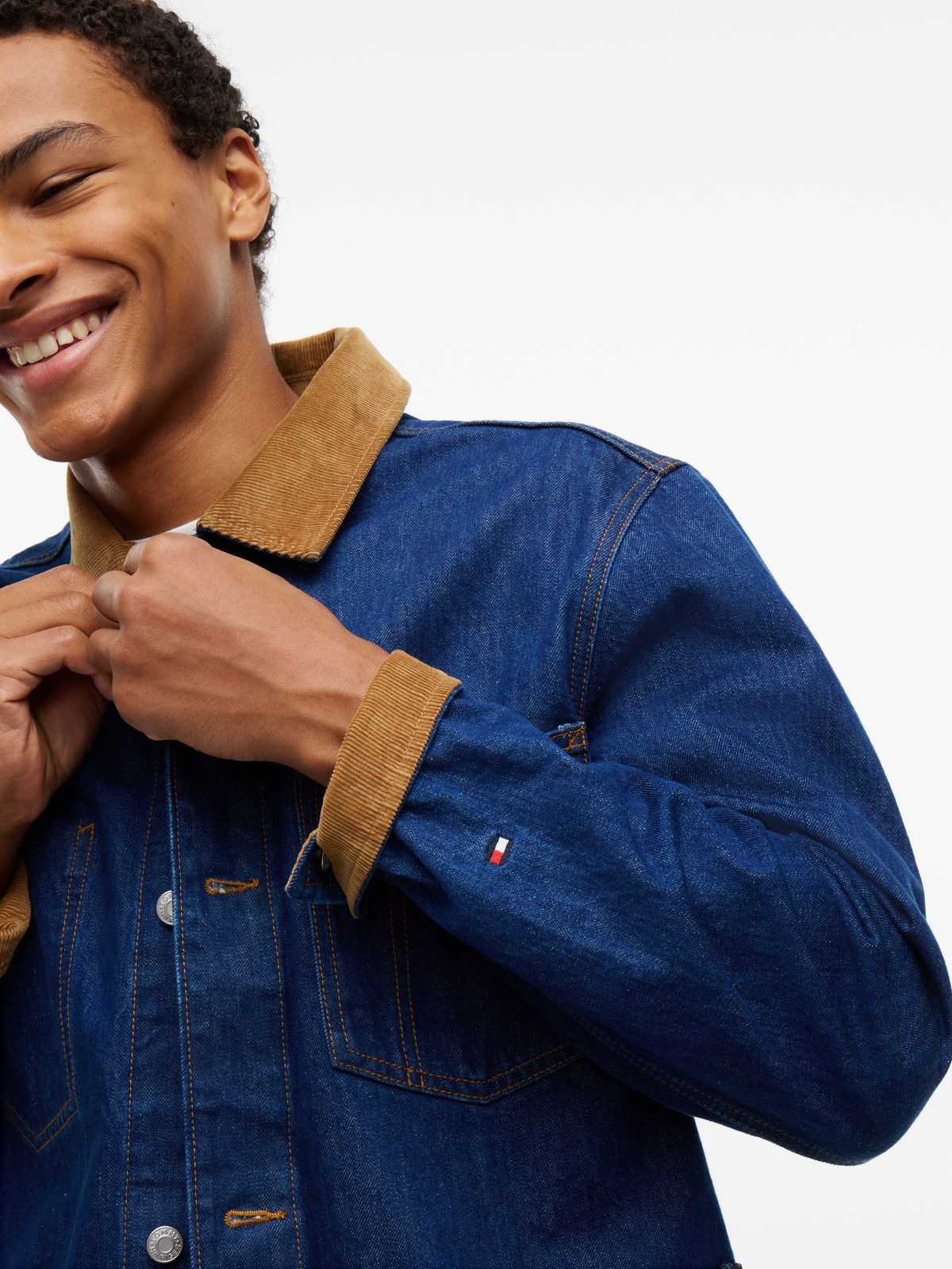 Corduroy Trim Denim Chore Jacket — Dark Wash