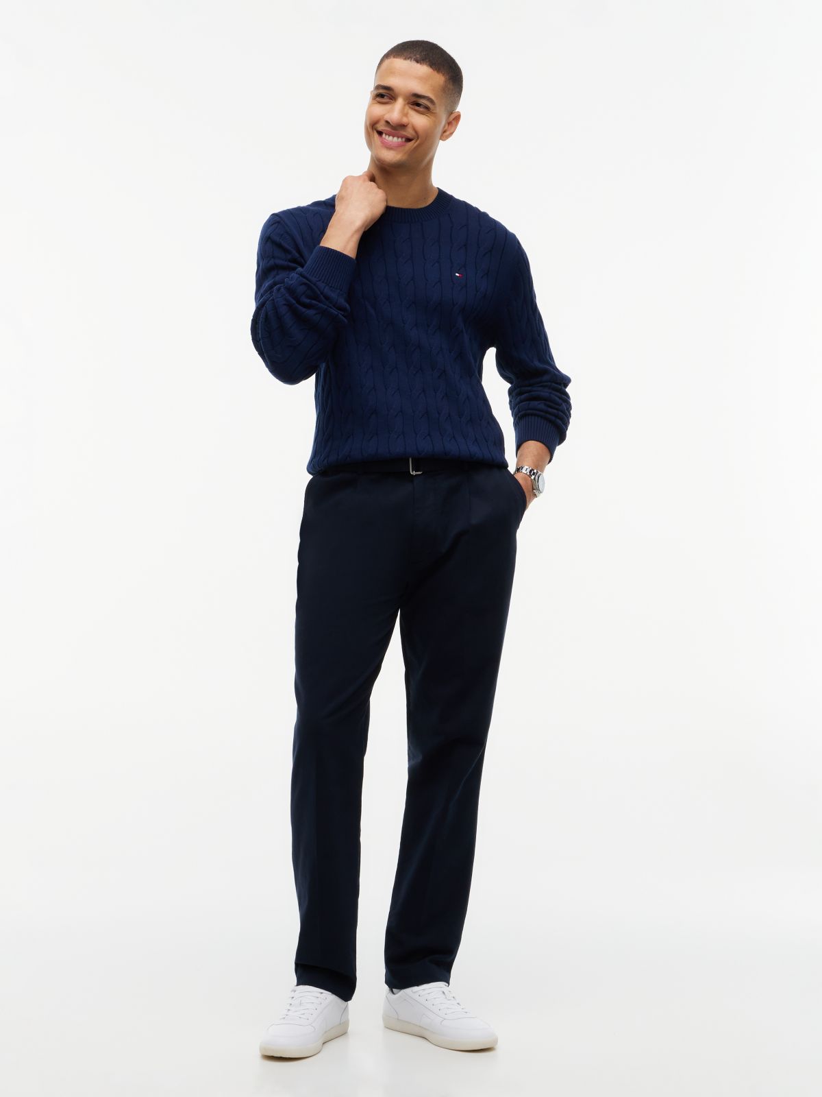 Cable Knit Crewneck Sweater — Carbon Navy