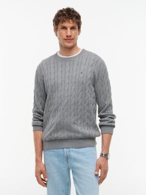 Cable Knit Crewneck Sweater, Medium Grey Heather