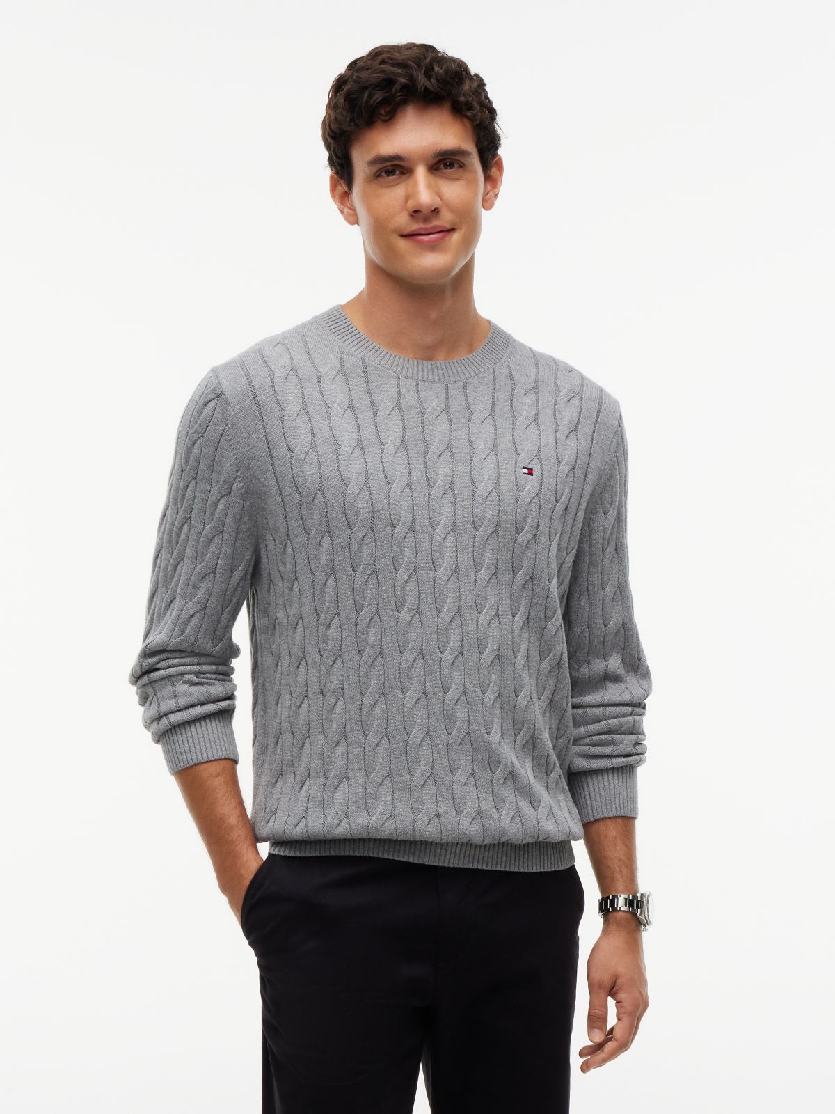 Cable Knit Crewneck Sweater — Medium Grey Heather