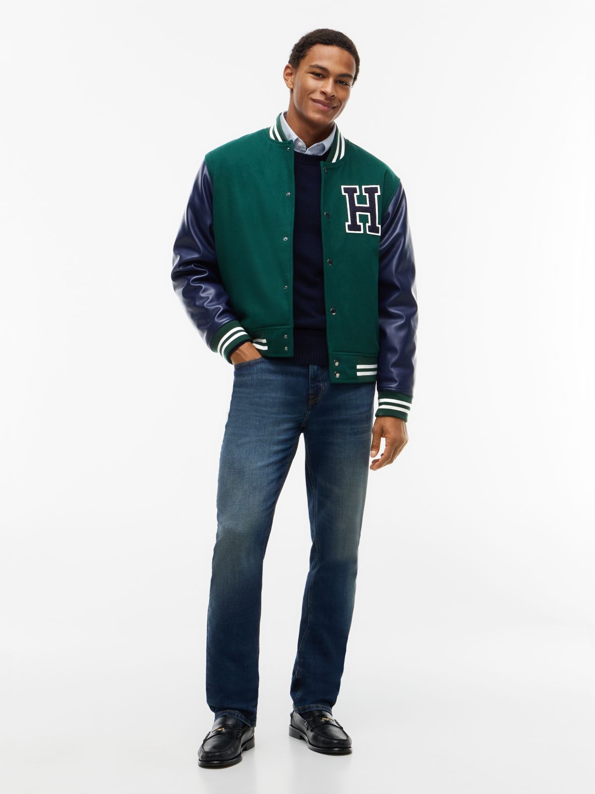 H-Logo Patch Padded Varsity Jacket — Ornamental Green