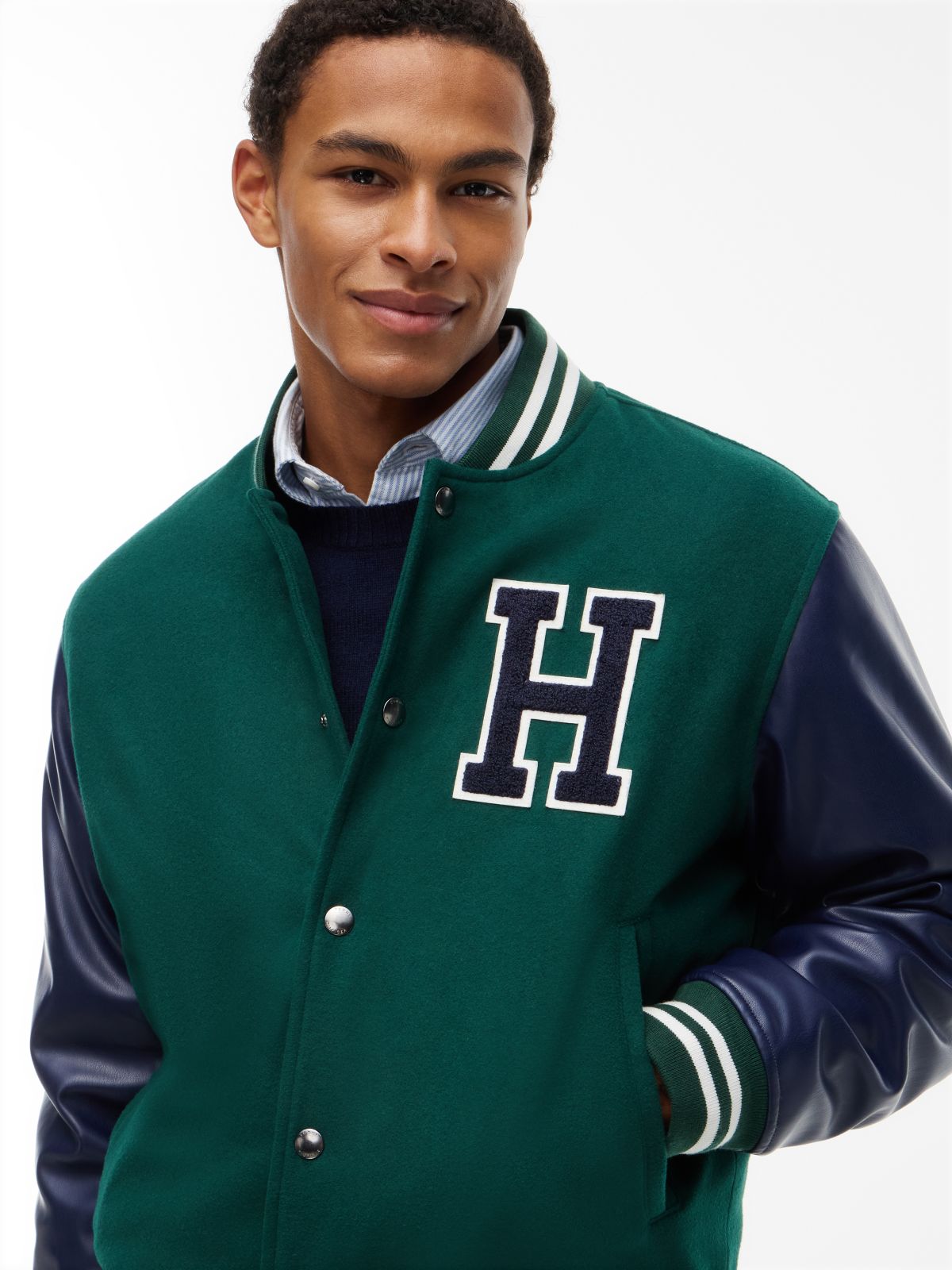 H-Logo Patch Padded Varsity Jacket — Ornamental Green