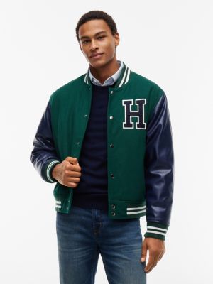 H-Logo Patch Padded Varsity Jacket, Ornamental Green