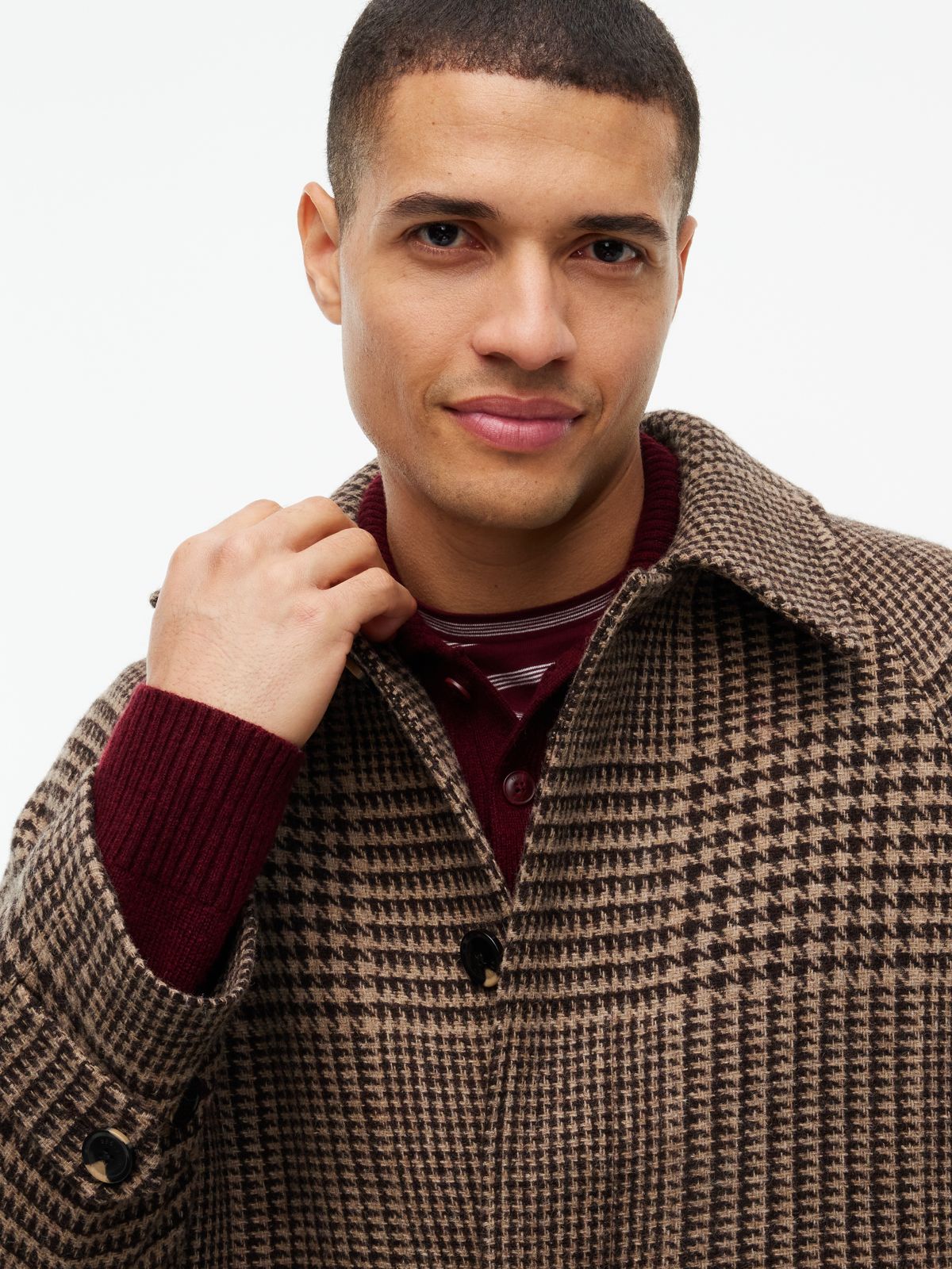 Houndstooth Check Wool-Blend Coat — Dark Coffee