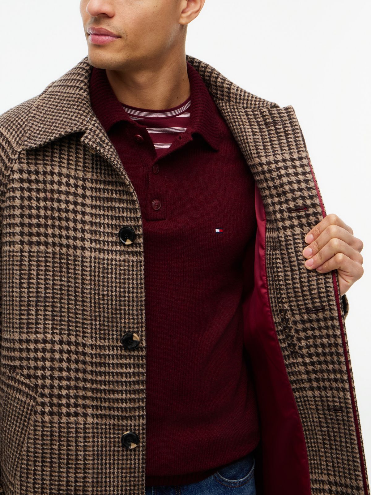 Houndstooth Check Wool-Blend Coat — Dark Coffee