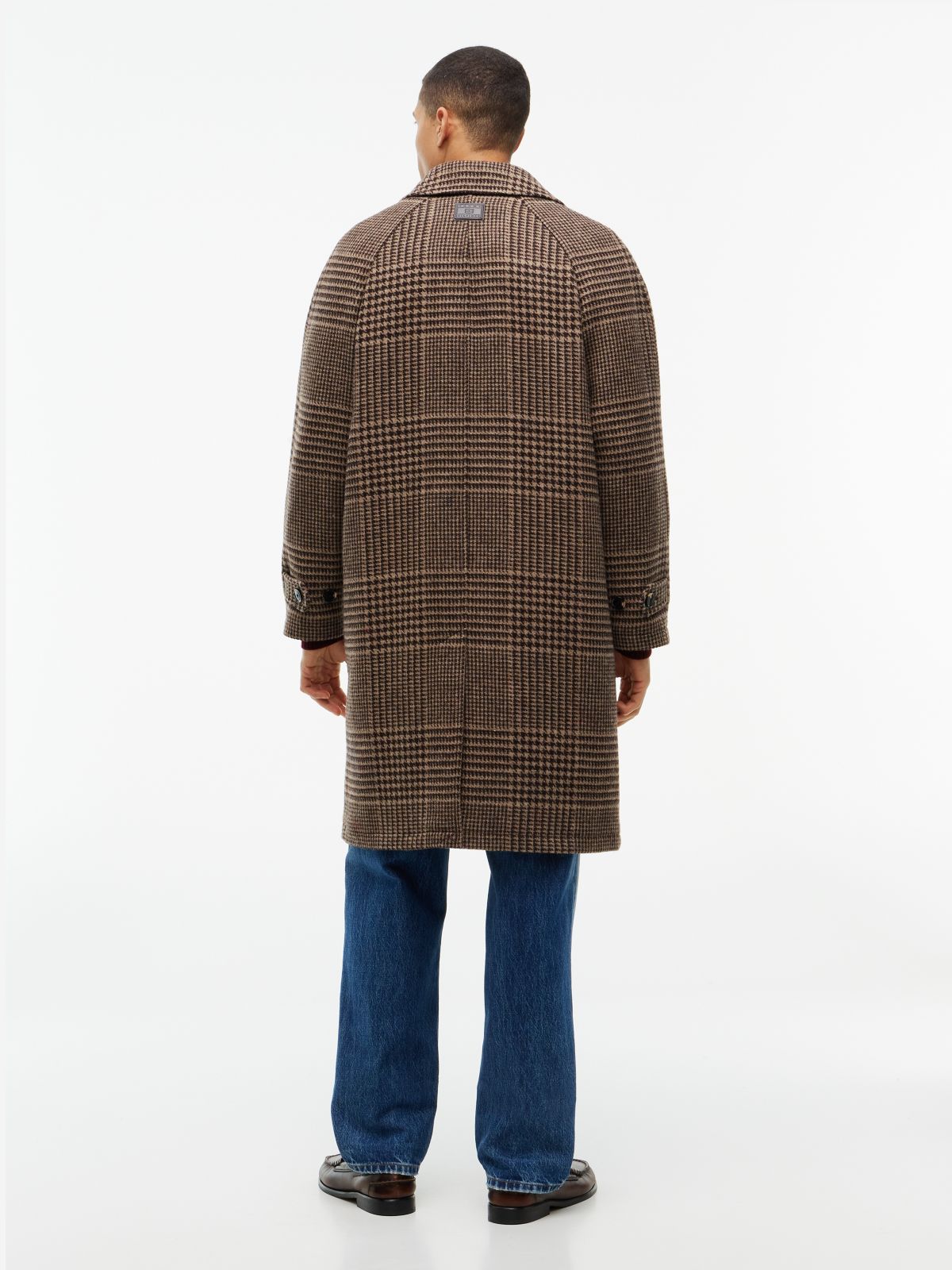 Houndstooth Check Wool-Blend Coat — Dark Coffee
