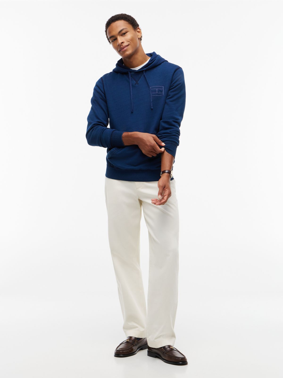 Embroidered Flag Logo Indigo-Dyed Hoodie — Dark Indigo
