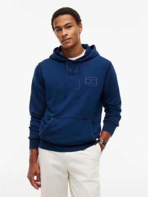 Embroidered Flag Logo Indigo-Dyed Hoodie, Dark Indigo