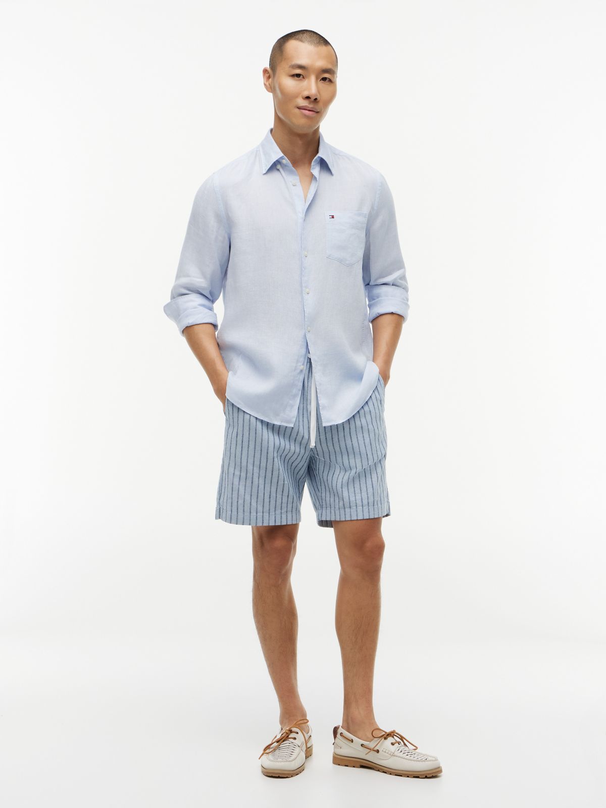 Striped Cotton-Linen Blend 7" Short — Cloudy Blue