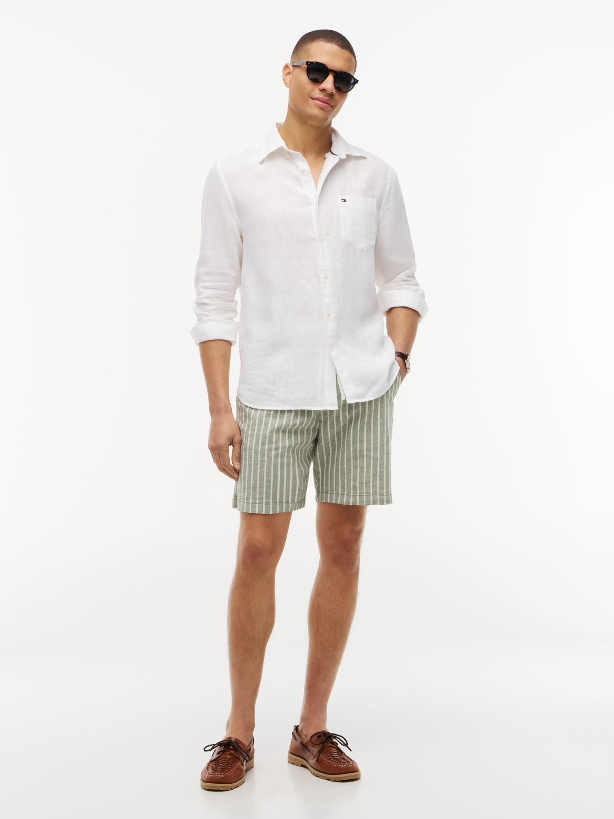 Striped Cotton-Linen Blend 7" Short — Desert Olive