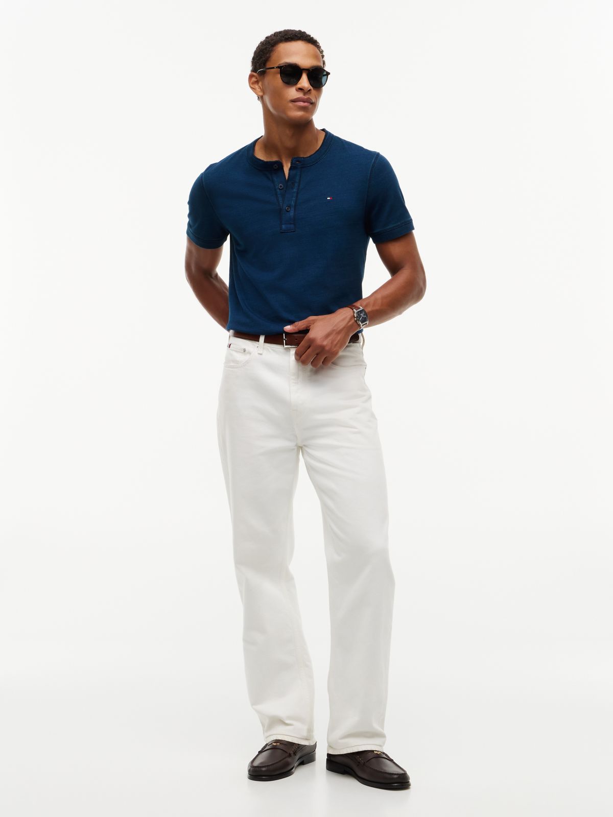 Short-Sleeve Indigo-Dyed Henley T-Shirt — Dark Indigo