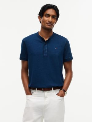 Short-Sleeve Indigo-Dyed Henley T-Shirt, Dark Indigo