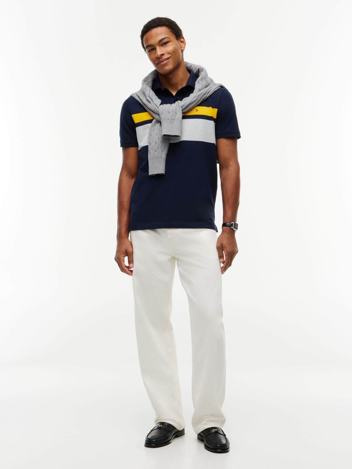 Regular Fit Block Stripe Polo — Navy Blue
