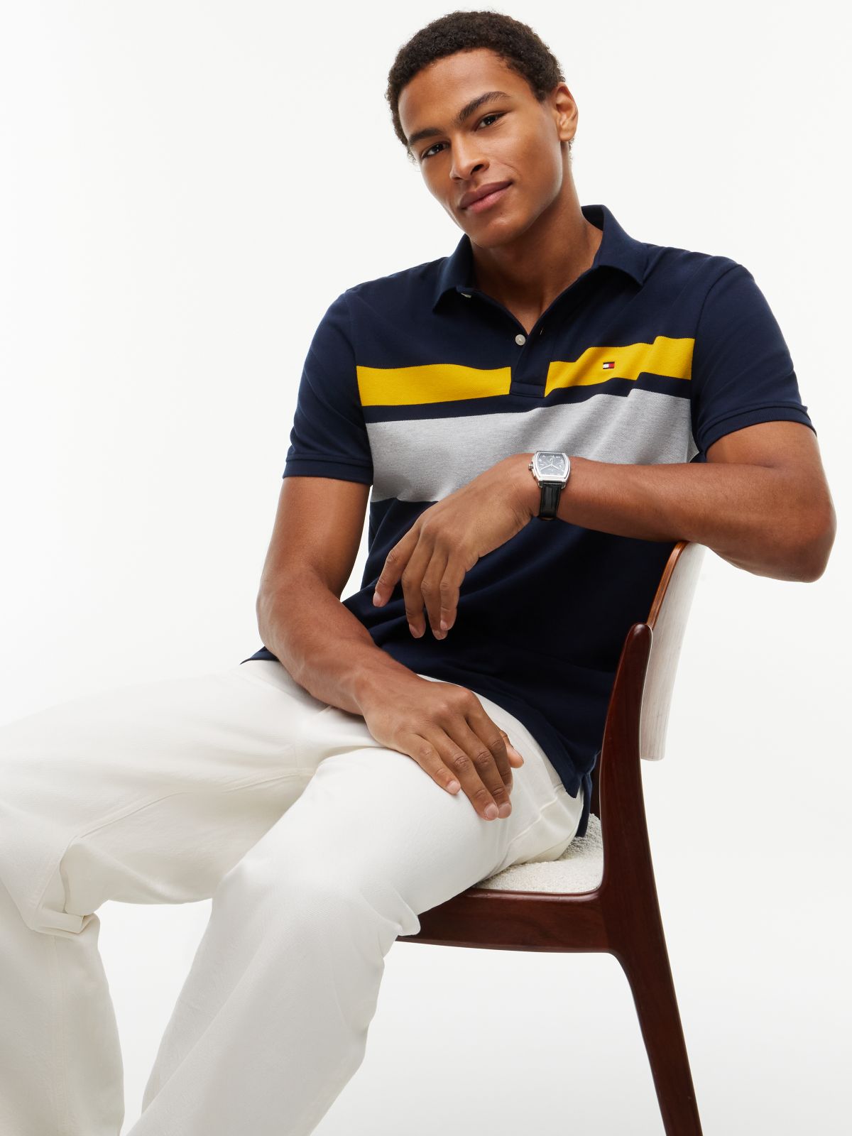 Regular Fit Block Stripe Polo — Navy Blue