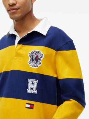 Мужское поло Tommy Hilfiger Relaxed Logo Patch Striped Rugby Polo, цвет: Тёмно-синий жёлтый — фото 3