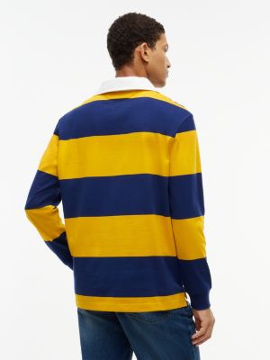 Мужское поло Tommy Hilfiger Relaxed Logo Patch Striped Rugby Polo, цвет: Тёмно-синий жёлтый — фото 4