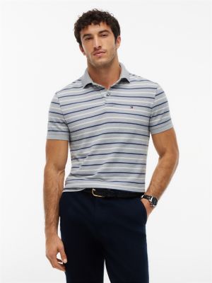 Regular Fit Striped Wicking Polo, Grey Heather