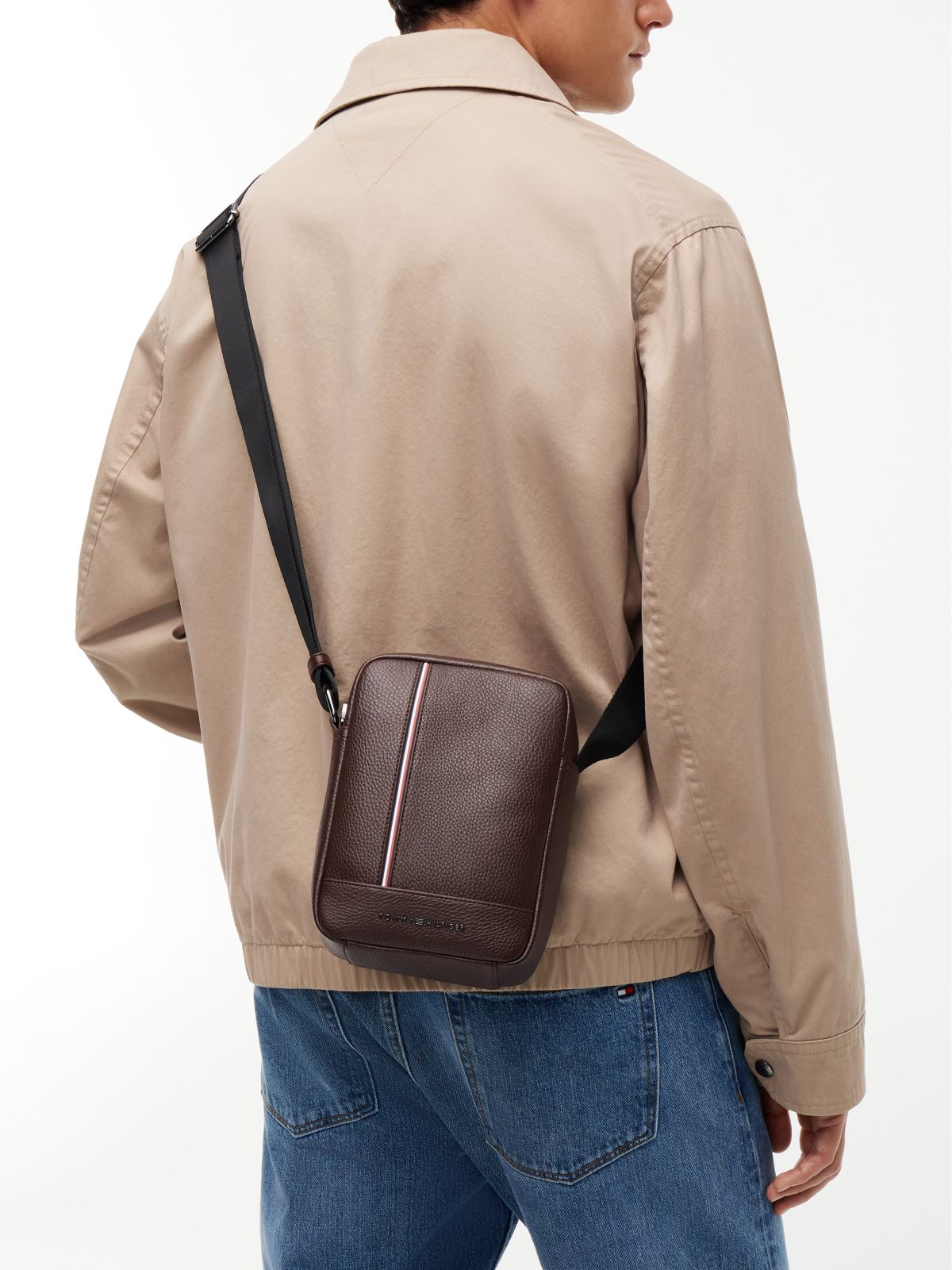 Signature Stripe Pebbled Mini Reporter Bag — Coffee Bean
