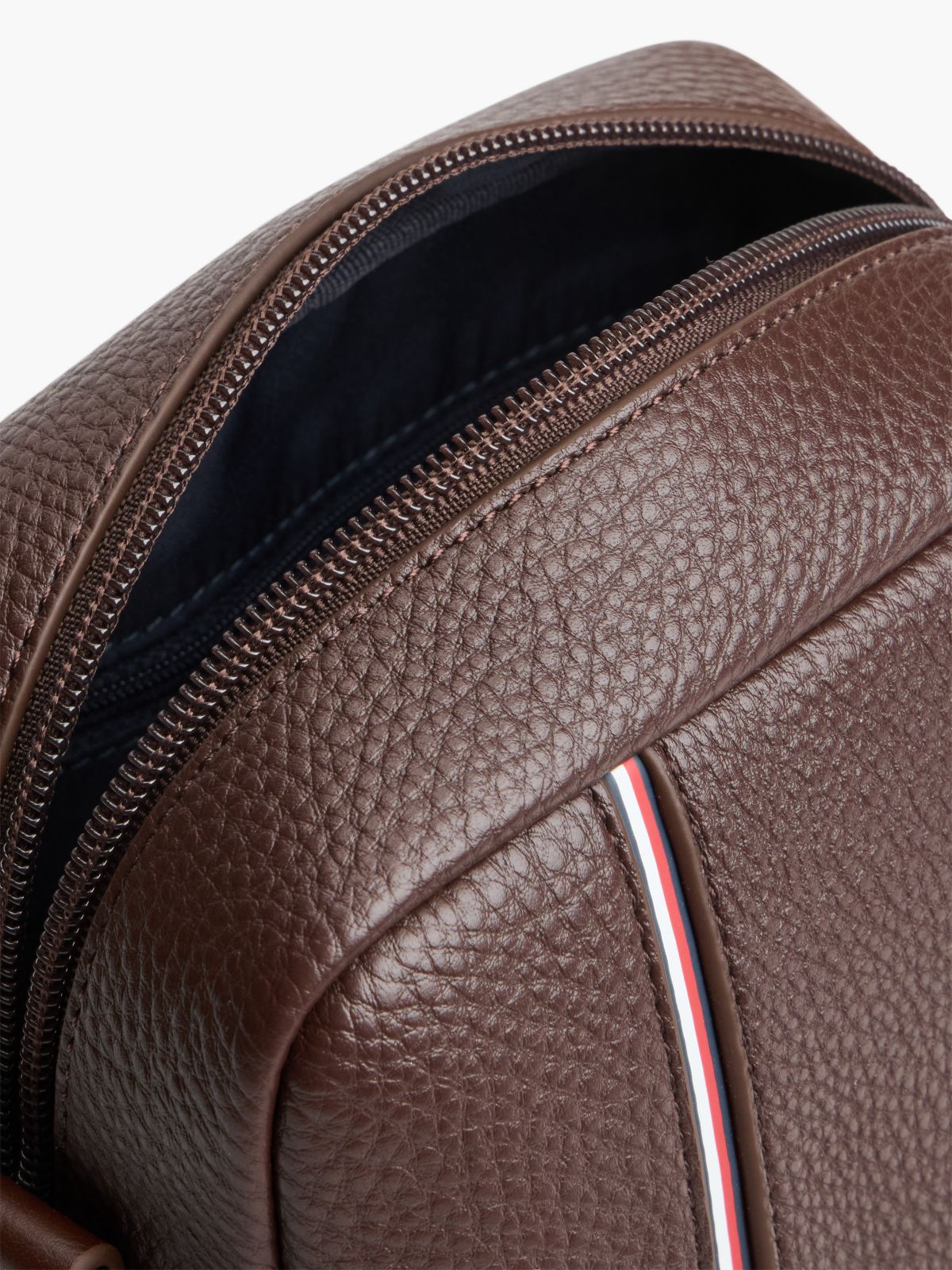 Signature Stripe Pebbled Mini Reporter Bag — Coffee Bean