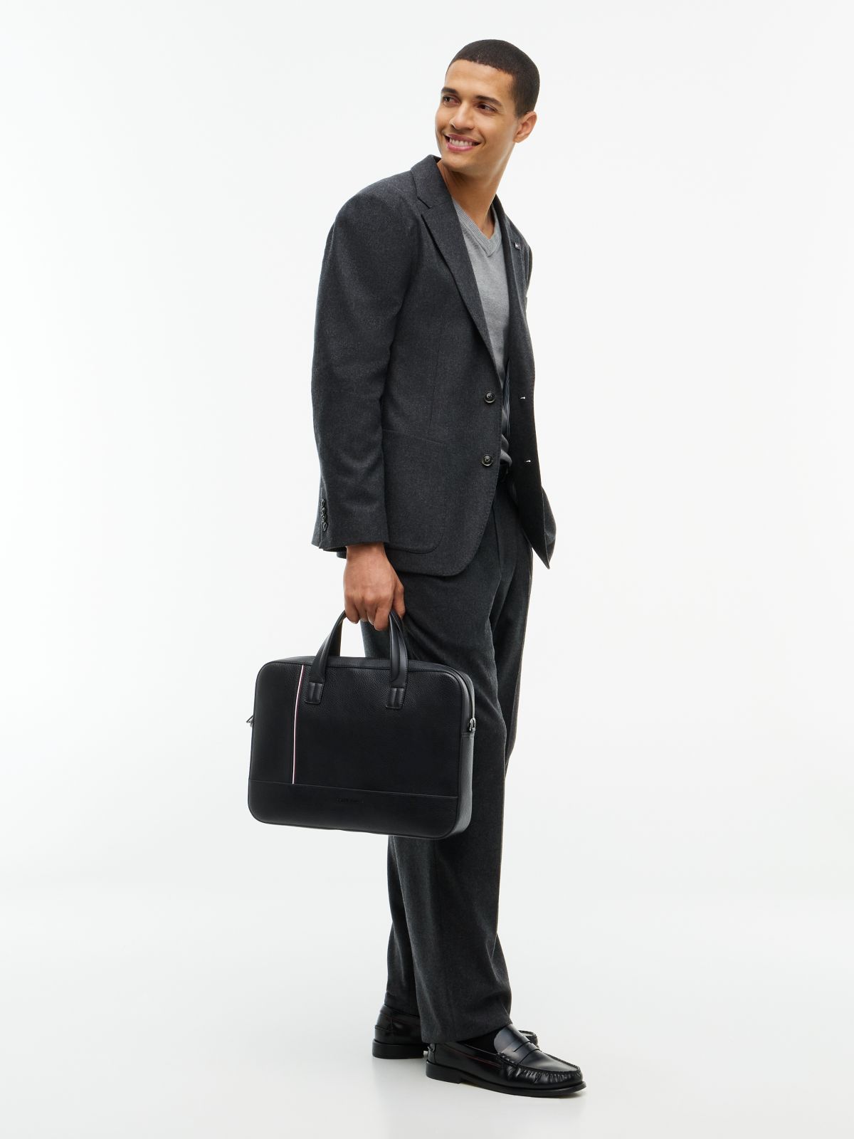 Signature Stripe Pebbled Laptop Bag — Black