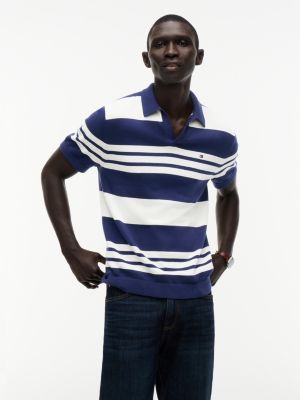 Short-Sleeve Striped Sweater Polo, Preppy Navy