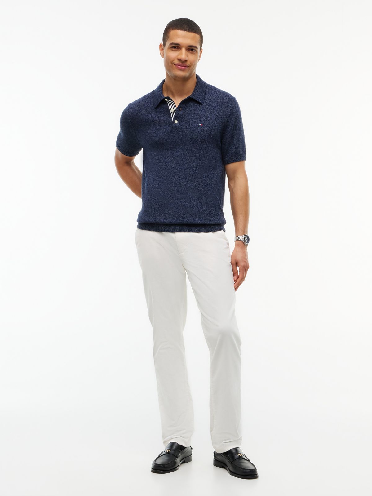 Short-Sleeve Heathered Sweater Polo — Navy Blue