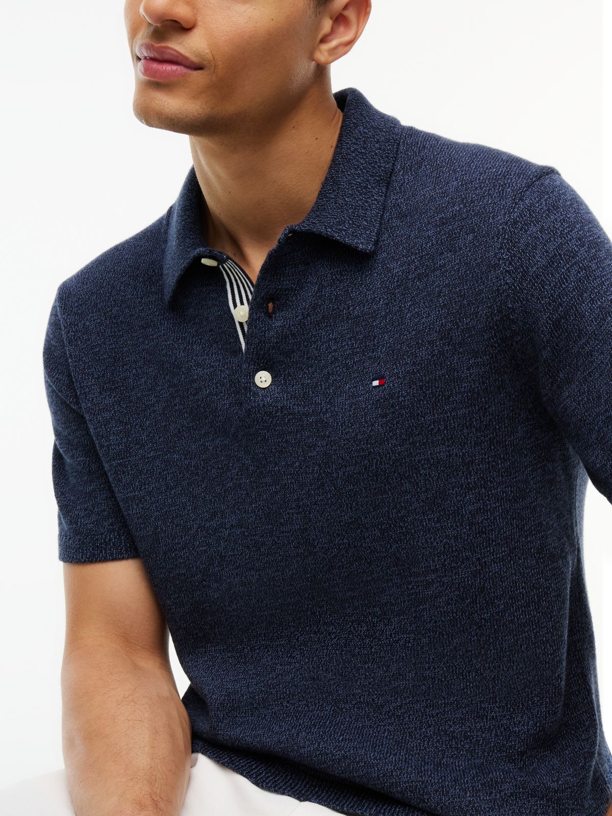 Short-Sleeve Heathered Sweater Polo — Navy Blue