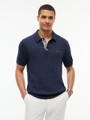 Short-Sleeve Heathered Sweater Polo, Navy Blue