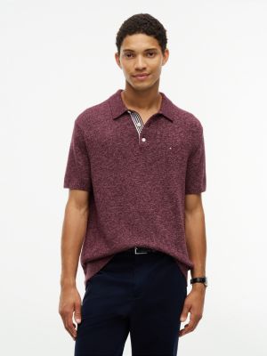 Short-Sleeve Heathered Sweater Polo, Deep Burgundy