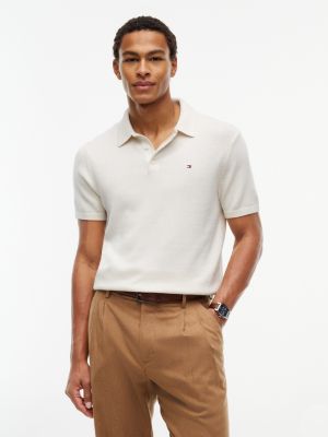 Short-Sleeve Heathered Sweater Polo, Ivory Petal