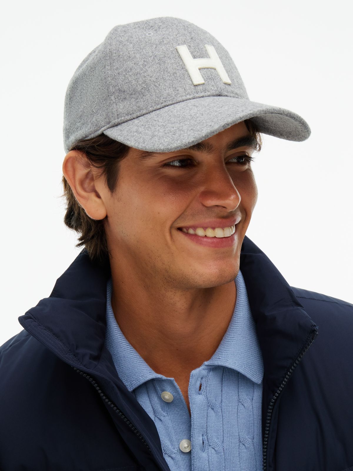 H-Logo Melton Wool-Blend Baseball Cap — Grey Heather