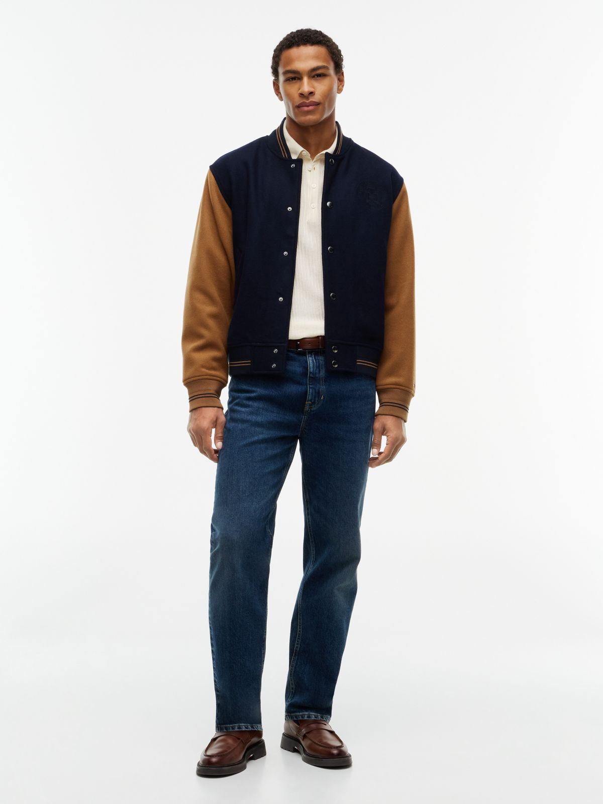Wool-Blend Varsity Jacket — Navy Blue