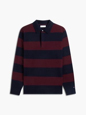 Мужские рубашки Tommy Hilfiger Relaxed Wool-Blend Rugby Sweater Polo, цвет: Карбоновый тёмно-синий / Бордовый полосатый — фото 6