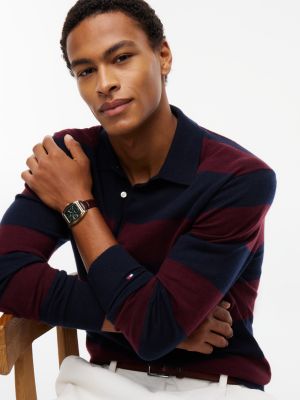 Мужские рубашки Tommy Hilfiger Relaxed Wool-Blend Rugby Sweater Polo, цвет: Карбоновый тёмно-синий / Бордовый полосатый — фото 3