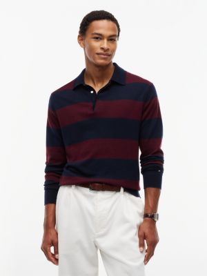 Relaxed Wool-Blend Rugby Sweater Polo, Carbon Navy / Burgundy Stripe