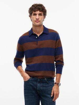 Relaxed Wool-Blend Rugby Sweater Polo, Navy / Brown Stripe
