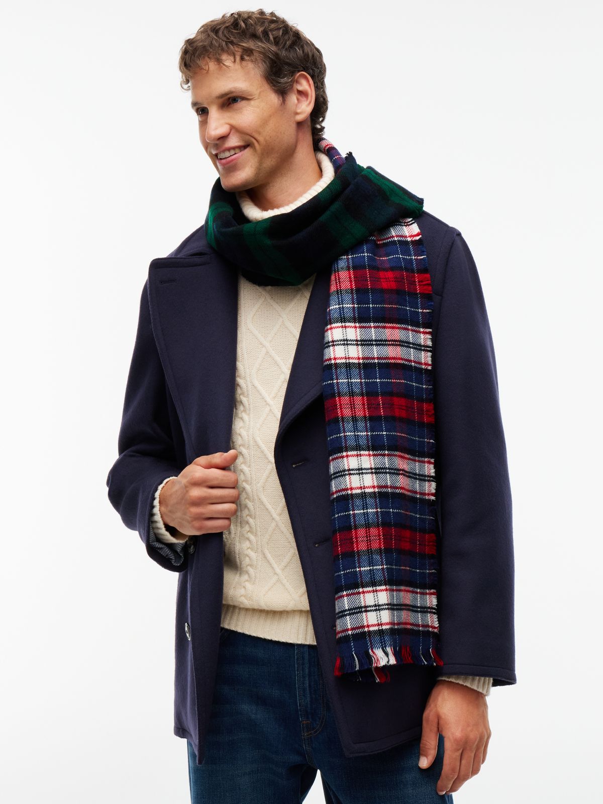 Half & Half Tartan Scarf — Navy Blue/Multi