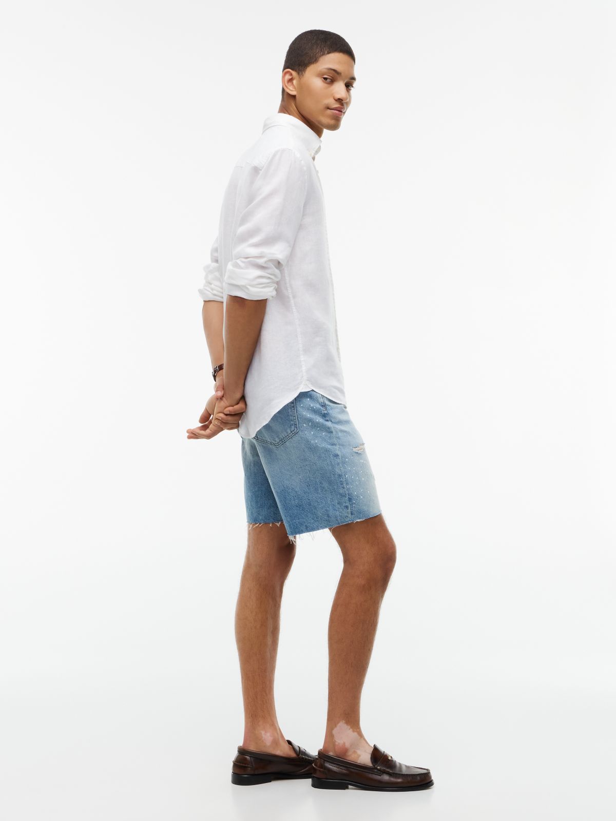Distressed Straight Denim Short — Light Wash Denim
