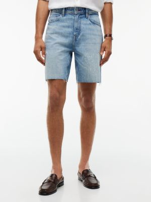 Distressed Straight Denim Short, Light Wash Denim