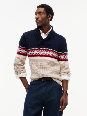 Shawl Collar Fair Isle Sweater, Navy/Cream