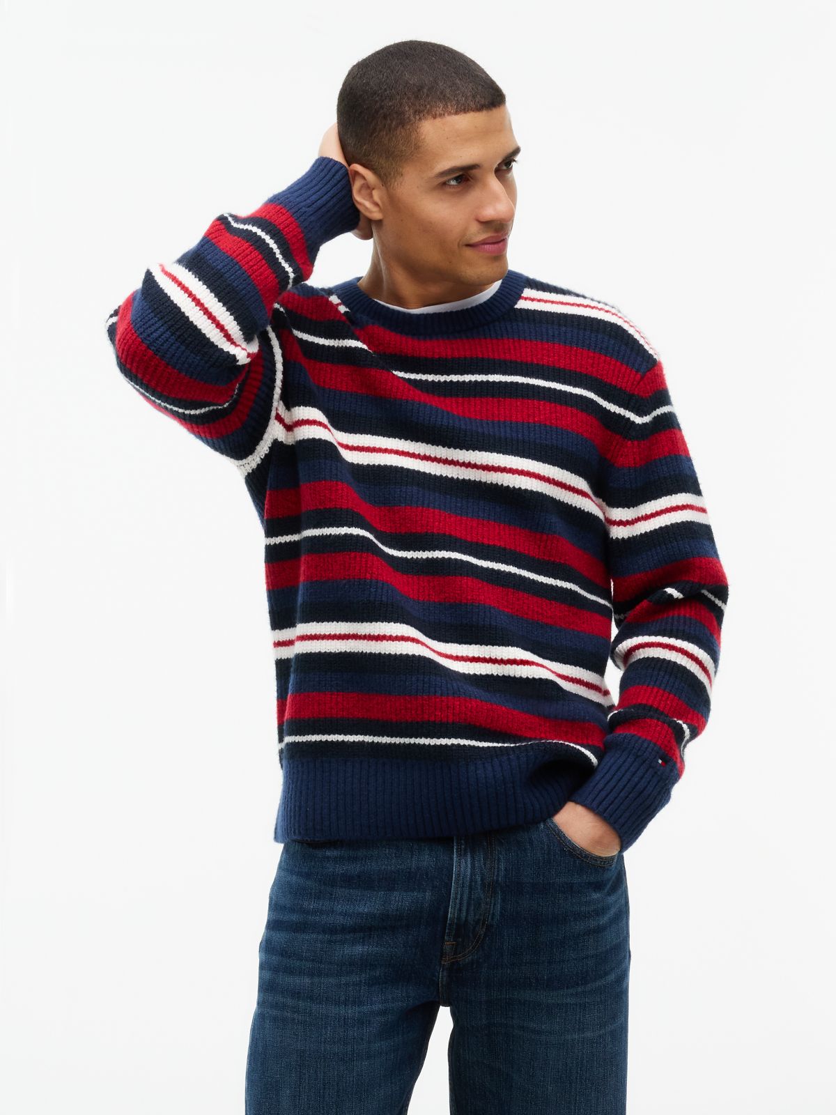 Striped Shaker Knit Sweater — Carbon Navy