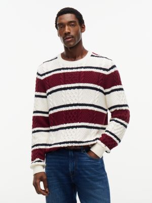 Cable Knit Striped Crewneck Sweater, Rich Cream